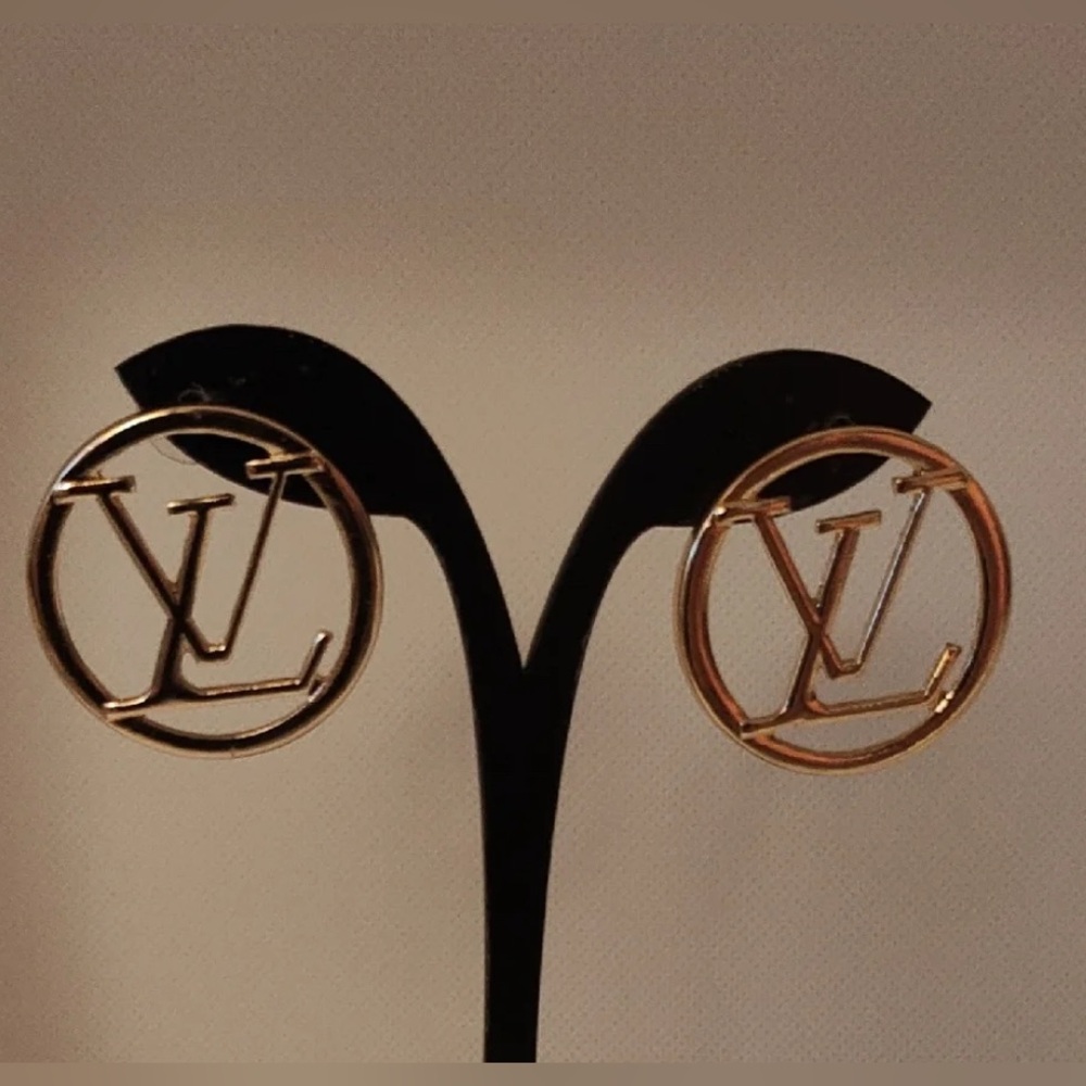 Gold Round LV Logo Stud Earrings